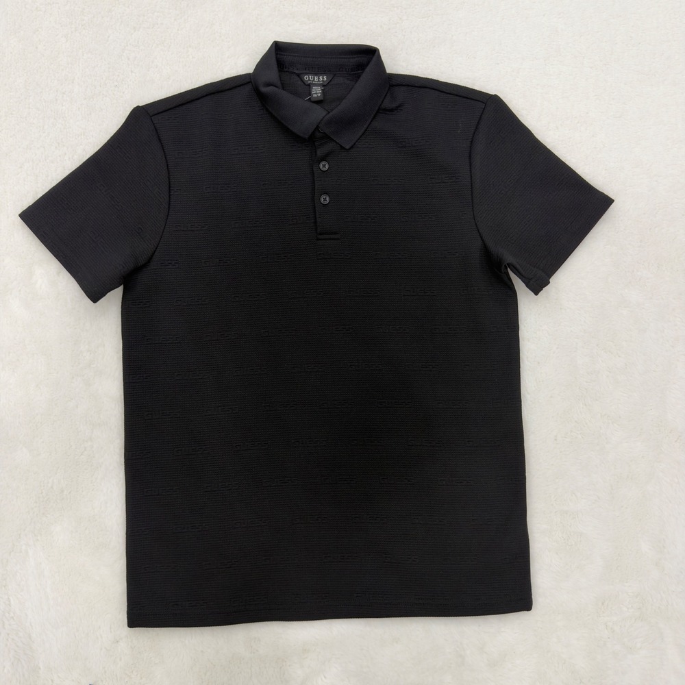 Guess Los Angeles Mens Black Tonal Logo Jacquard Polo Shirt XS X60PB1 K2740